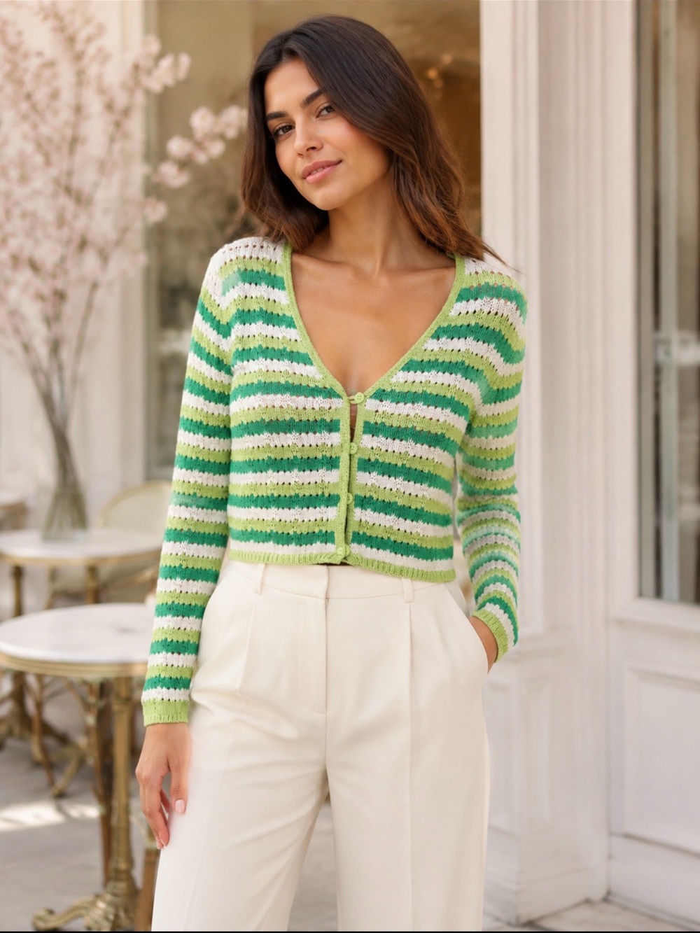 Zara Green Striped Open Knit Cropped Cardigan Sweater Size L